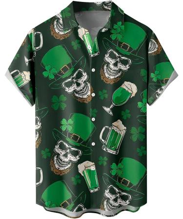 St. Patrick's Day Men's Short Sleeve Green Graphic Button Down Shirt - Plus Size Bowling Shirt | Medium - Buy Online on GoSupps.com