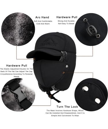 Men's Trapper Bomber Hat - Winter Russian Aviator Style with Ear Flaps, Fur Lined Facemask Cap in Black - Buy Online on GoSupps.com
