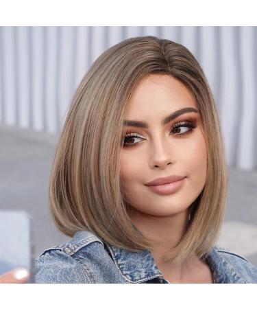 HAIRCUBE Brown Blonde Bob Wigs for Women - Highlight Front Lace Natural Wig with Dark Roots - Shop Internationally! - Buy Online on GoSupps.com