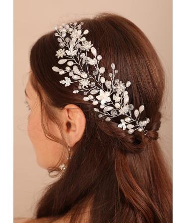 Kercisbeauty Silver Flower Crystal Pearl Headband Wedding Bridal Hair Piece Hair Accessories Women Girls Hair Jewelry