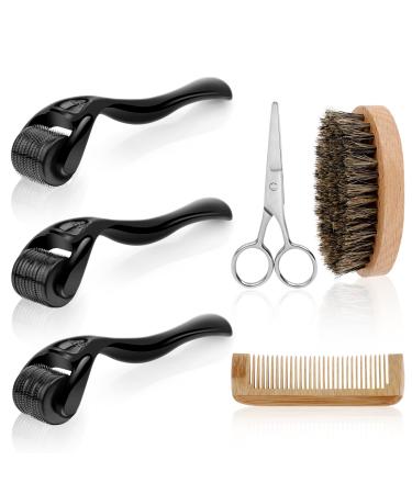 URAQT Beard Growth Kit 6 Piece Beard Grooming Tools Beard Derma Roller (0.5mm 1mm 1.5mm) Titanium Microneedle Beard Roller with Beard Brush Beard Scissors Comb for Men Beard Rapid Growth 6PCS