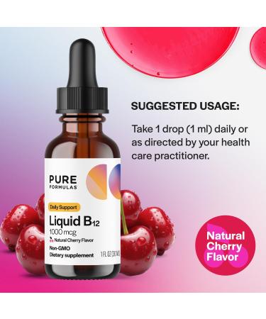 PureFormulas Liquid B12 1000 mcg - Natural Cherry Flavor B12 Sublingual Drops, Potent Daily Support for Energy & Wellness - Non-GMO, Allergen-Free - 1 fl. Oz. - Buy Online on GoSupps.com