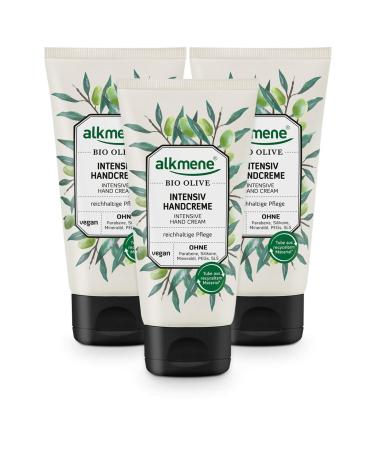 alkmene Organic Olive Hand Cream - Very Dry Hand Repair Cream - Vegan Free from Silicones Parabens Mineral Oils PEGs SLS & SLES - Hand Care (3x 75ml)