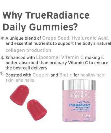 Nutriburst - TrueRadiance Collagen Support Gummies for Healthy Hair Skin & Nails - Biotin (100 g) Hyaluronic Acid (50mg) Vitamin A (400 g) + Vitamin C (80mg) - 60 Gummies 1 Month Supply 60 Count (Pack of 1) Trueradiance - Collagen Booster - Buy Online on GoSupps.com