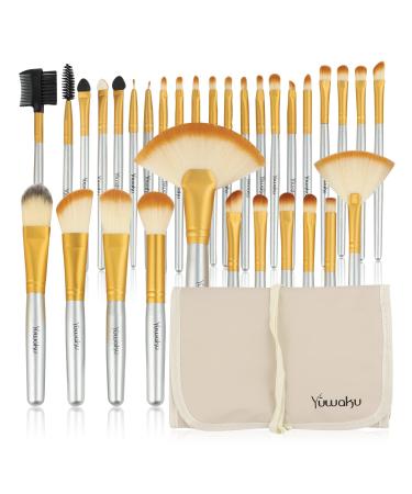 Champagne Makeup Brushes Set Valentines Day Gifts for Kids Yuwaku Silver Foundation Powder Blush Eyeshadow Brushes Blending 32 Piece NO Shed Cruelty-Free Synthetic Fiber Bristles Cosmetic Brushes with Travel Case 2-Cham...