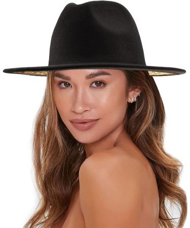 UTOWO Two-Tone Felt Fedora Panama Hat for Women Men - Wide Brim Black & Leopard Patchwork Jazz Cap - 7 1/4 Size - Buy Online on GoSupps.com