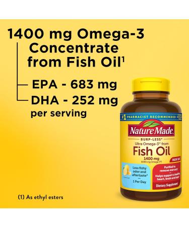 Nature Made Burp Less Ultra Omega 3 Fish Oil Supplements 1400 mg Omega 3 Supplement for Healthy Heart Brain and Eyes Support 90 Softgels - Buy Online on GoSupps.com