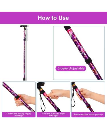 Supregear Folding Walking Stick - Adjustable & Lightweight Collapsible Walking Aid for Elderly - Purple Floral Design - Buy Online on GoSupps.com