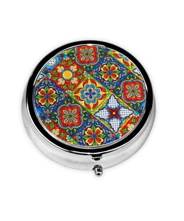Mexican Ceramic Tile Portable Metal Pill Box Round Mini 3-Compartment Plastic Insert hinged Fastening Design Suitable for Small Pills Must-Have for Travel