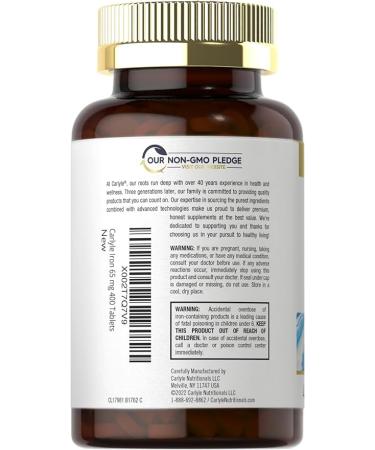 Iron Ferrous Sulfate 65 mg 400 Tablets Non-GMO Gluten Free Vegetarian Supplement by Carlyle - Buy Online on GoSupps.com