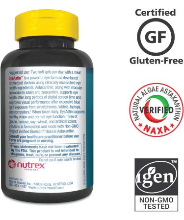 EyeAstin BioAstin Hawaiian Astaxanthin - 60 Gelcaps | Supports Eye Health | Super-Antioxidant | Grown in Hawaii | Black EyeAstin 60 Count - Buy Online on GoSupps.com