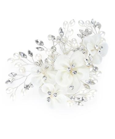 Honey Bear women bridal jewelry flower hair feast hair for wedding crystal rhinestone with simulated pearl hair accessories reusable (white)
