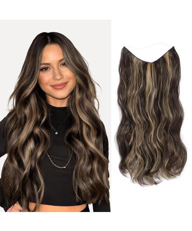 One piece Invisible Wire Hair Extensions Clip in Natural Wavy Synthetic Hair Extension with Transparent Wire Adjustable Size 2 Secure Clips Headband Long Curly Secret Hair Pieces for Women 20inch Brown with Golden Highlights