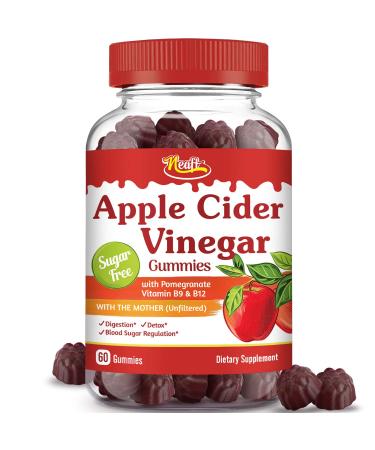 Neaft Apple Cider Vinegar Gummies with The Mother, Weight Management, Detox Cleanse, Immunity & Digestion, No Sugar Vegan 500 mg Raw Unfiltered with Pomegranate, Vitamin B9 12, Non GMO No Gluten