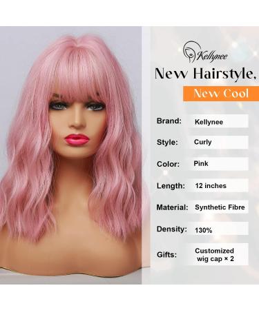 Kellynee Pink Bob Wig with Bangs - Shoulder Length Short Curly Synthetic Hair for Women - Heat Resistant and Natural Looking Wig for Daily, Halloween, Party, Cosplay - Buy Online on GoSupps.com