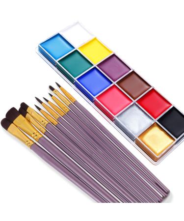 Face Paint Kit 12 Colors Painting Palette with 10 Brushes Water-Based Body Paint Face Makeup Safe and Easy to Clean for Halloween Carnivals Cosplay Party Stage Performances 12 colors+10 brushes