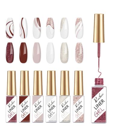 Rechoo 6pcs Matte & Glitter Gel Liner Nail Art 10ml Wine Nude Pink and White French Manicure Gel Polish Set Color Shellac Nail Polish for Fineliner Nail Design T-6-Dark Red & Nude Glitter