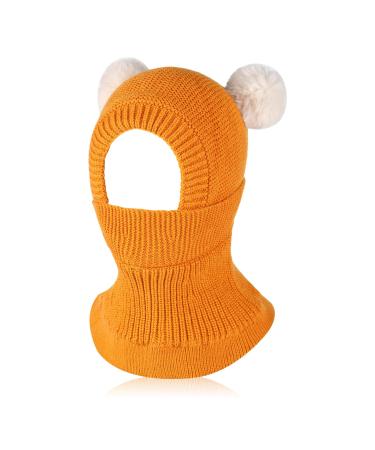Fadcaer Winter Kids Hat Hooded Scarf Set Double Pom Pom Hat Earflap Beanies Caps with Fleece Lining Warm Knitted Baby Balaclava Kids Winter Hat for 2-5 Years Old Baby Toddlers Girls Boys 1-2 Yellow
