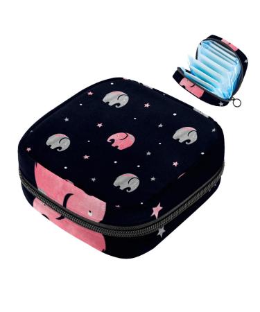Cute Elephant Sanitary Napkin Storage Bag Large Zippered Period Pads Tampons Organizer Case for Girls Women Pink Gray Multicolor 4.7x6.6x6.6 in/12x17x17 cm