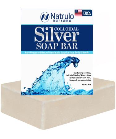 Natrulo Colloidal Silver Soap Bar 4oz Unscented Natural Handmade in USA Pure Cleanser for Face Body & Hands Cleansing
