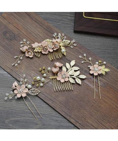 4-Piece Gold Wedding Hair Combs - Pearl & Rhinestone Bridal Hair Accessories for Brides & Bridesmaids - Pink - Buy Online on GoSupps.com