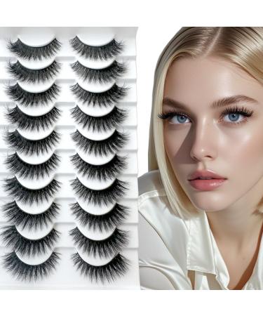ExquiBea Natural False Eyelashes 10 Pairs 3D Soft Fluffy Fake Lashes Waterproof Reusable Handmade False Eyelashes Cat Eye Makeup Fake Eye Lashes