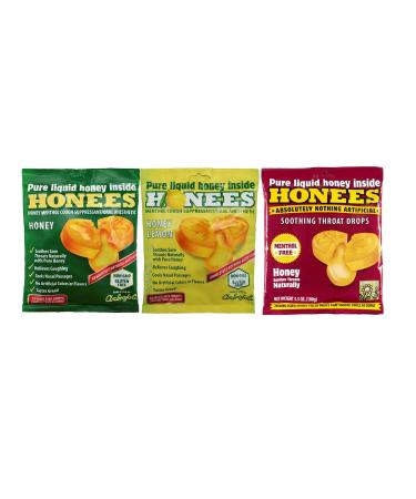 Honees Cough Drops 3 Flavors Honey + Lemon + Eucalyptus 3 Pack Total 60 Drops