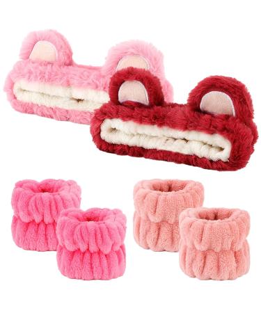 AMCAMI 6 Pcs Spa Headband and Wristband Set | Cute Bear Ears Design | Makeup and Skincare Headbands for Women | Pink Red - Buy Online on GoSupps.com