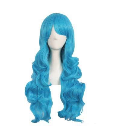 MapofBeauty 28 inch/70cm Side Parting Bangs Charming Women Long Curly Full Hair Wavy Wig (Cyan Blue) - Buy Online on GoSupps.com