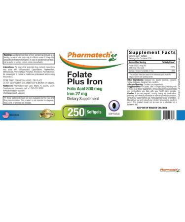PHARMATECH Folic Acid Supplement 800mcg + Iron 27mg, Vitamin B9, Prenatal Folate, Fast Absorption - 250 Softgels - Buy Online on GoSupps.com