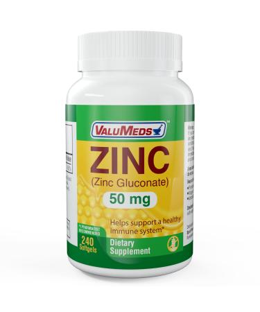 ValuMeds Zinc Gluconate 50mg Softgels Dietary Supplement for Women and Men (240 Softgels Bulk) Non-GMO and Gluten Free Immune Endocrine Skeletal and Cognitive Support