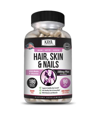 Kaya Naturals Hair Skin Nail Capsules BIOTIN Vitamin D Vitamin B-12 A Folic Acid Support Hair Support Vitamin Supplement - 180 Count 180 Count (Pack of 1)