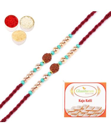 Ghasitaram Gifts Rakhi for Brother Rakhis Online - Set of 2-1903- Rudraksh Rakhi with 200 GMS of Kaju katli