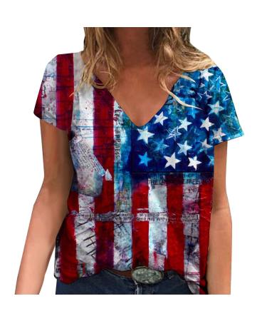 4th of July Summer Women Tops Crewneck Short Sleeve Plus Size Casual T Shirt Loose Fit Patriot Tops Workout Tee Blouse A05#blue Large