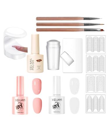 French Manicure Nail Polish Kit Pink and White Gel Nail Polish with Small UV Nail Light French Tip Nail Sticker and Nail Stamper for French Nail Art Design
