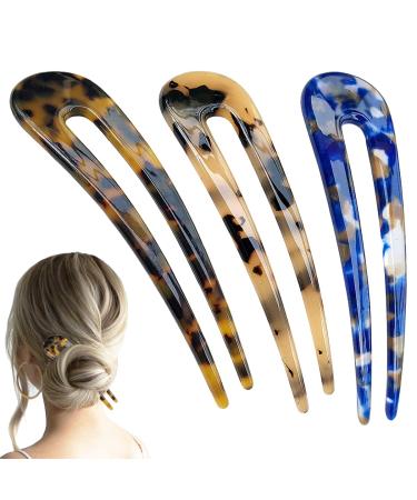 3 Pieces Large U Shaped Hair Pins for Girls Hairstyle, Acetate French Style Hair Sticks Forks, Vintage Updos Buns Hair Pins Clips for Thicker Hair 4.7” (Vintage)