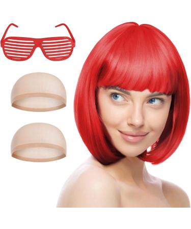 AOMIG Short Bob Wig for Women 4 Pack Short Red Bob Wigs Set with Sunglass and Wig Cap Neon Fancy Dress Accessory Cosplay Party Wig with Bangs Synthetic Straight Wig for Daily Halloween Decorations - Buy Online on GoSupps.com