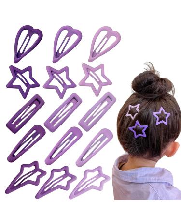 15 PCS Snap Hair Clips Star Hair Clips No Slip Metal Hair Clip Barrettes Hairpins for Girls Geometric Pattern Cute Hair Clips(Purple)