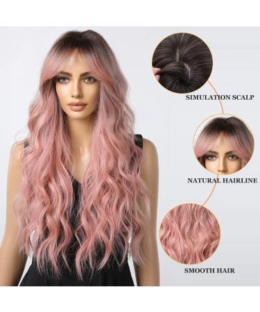 Esmee Long Wavy Pale Pink Wig with Bangs - Curly Synthetic Hair for Women, Heat Resistant Fiber - Perfect for Daily Wear, Parties, and Cosplay - Buy Online on GoSupps.com