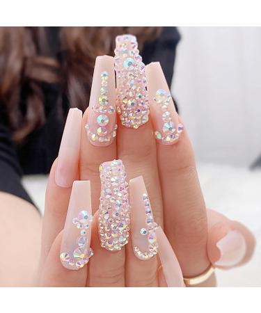 Florry Coffin Extra Long Press on Nails with Rhinestones Pink Fake Nails Glossy Bling Crystal Acrylic Nails for Women and Girls 24Pcs (Luxury)