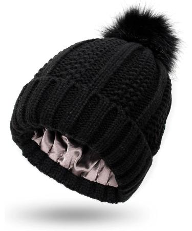 Women's Winter Beanie Hat - Thermal Knitted Warm Earflap Cap with Hairball Accent - Black - Buy Online on GoSupps.com