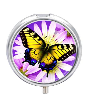 Pill Box Pill Case 3 Compartment Travel Pill Box Spring Butterfly and Flower Printing Small Pill Box Portable Medicine Pill Case Pill Organizer for Purse & Pocket for Travel Handbag (Round)
