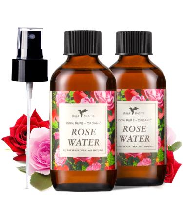 Rose Water Spray for Face Body & Hair by Baja Basics - Hydrating Facial Toner Refreshing Soothing Mist Moisturizer for Dry Skin - Pure Natural Vegan Beauty Skincare Products - 4oz 2 Pack