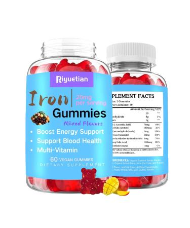 Multi-Vitamin Iron Gummies - Iron Supplement Gummies for Women & Men with Vitamin C B12 & Folate - Energy Support Immune Support - Mixed Flavor No Metallic Aftertaste Vegan 60 Count 60 Count (Pack of 1)
