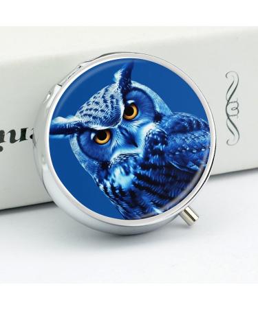 Round Blue Owl Print Pill Box | 3 Compartment Portable Pill Organizer | Decorative Metal Pocket Medication Case - Buy Online on GoSupps.com