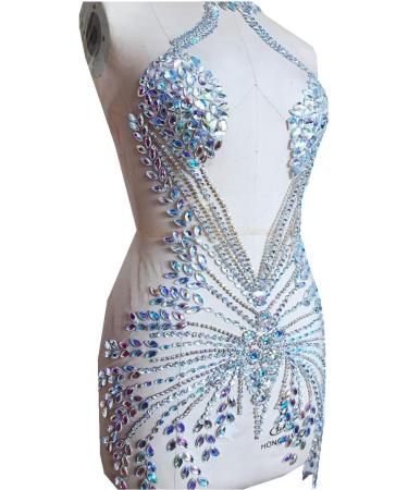 Handmade Full Body Rhinestone Applique on Nude Net - Clear AB Crystal Stones - Dress Patch - Buy Online on GoSupps.com