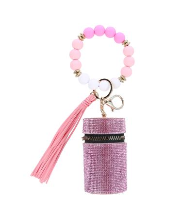 Lipstick Case Keychain Leather Diamond Lip Gloss Holder Stylish Travel Lipstick Organizer Makeup Storage Case for Purse Perfume Fingernail Polish (Pink)