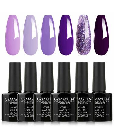 GZMAYUEN UV Nail Polish Purple Gel Nail Polish Set 6 Color Purple Glitter Gel for Gel Nails Shellac Nail Polish UV Varnish Set 10ml Color 7