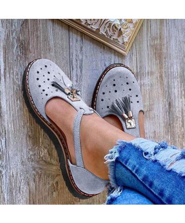 Creev sandals for women flat sole tassel leather sandal closed toes buckle shoes ankle straps paragraph vintage strand scab dark gray 43 (dark gray 40 EU) Dark Grijs 41 EU