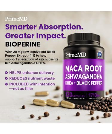 6-in-1 Organic Maca Root Ashwagandha Capsules 1710mg with DHEA and Black Pepper Fruit Extract for Women and Men - Black Maca Supplement for Stamina, Bone and Mood Support Supplement, 120ct (Pack of 3) Regular 120 Count (Pac  - Buy Online on GoSupps.com